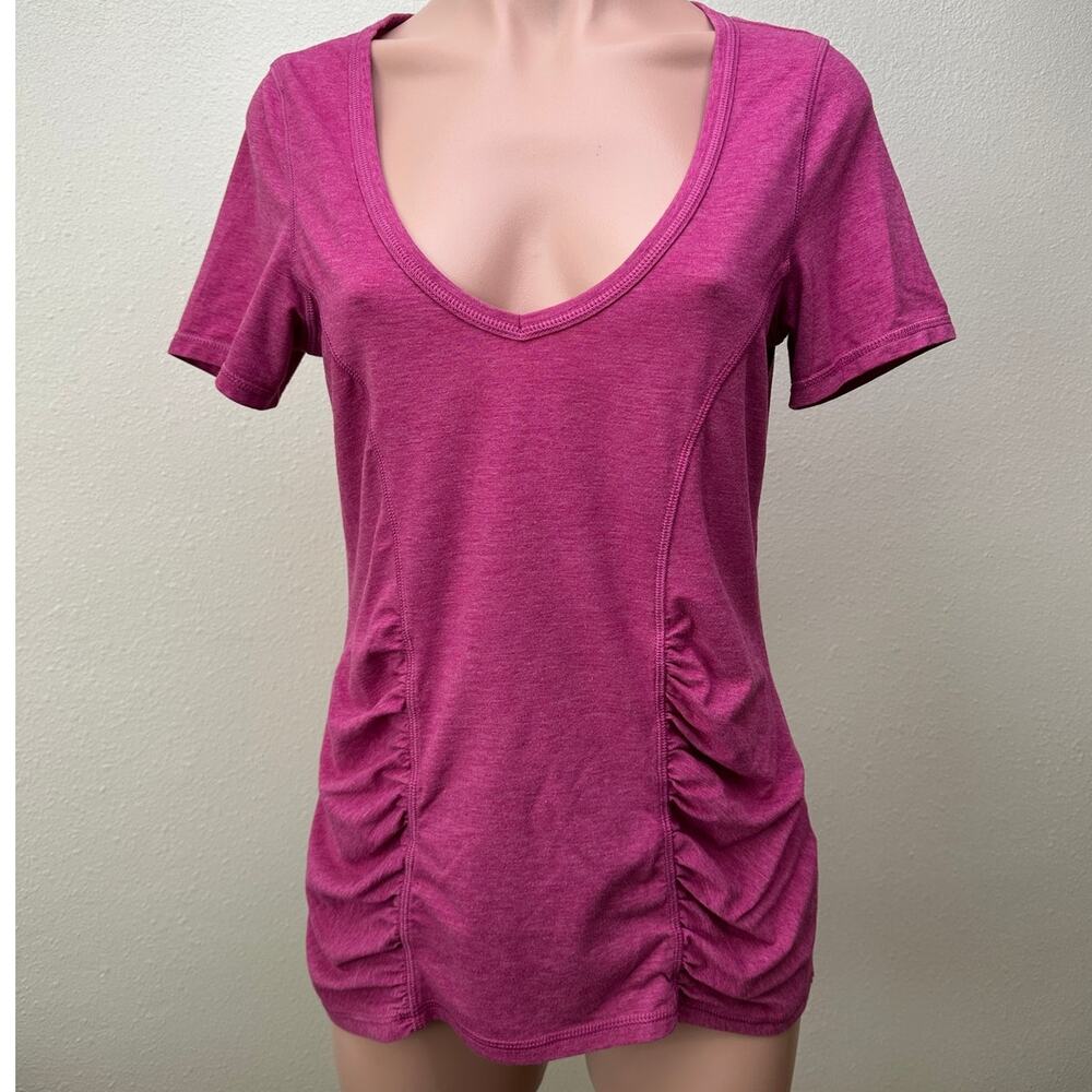 Z by Zella Pink Ruched V Neck Short Sleeve Tee Women US L